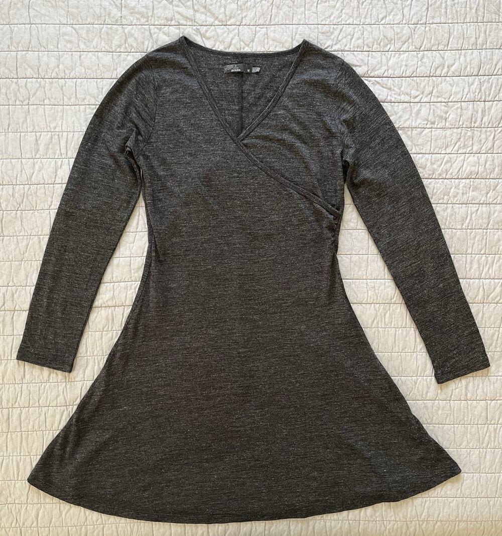 Prana Nadia Stretch Jersey V Neck Long Sleeve Faux Wrap Dress Charcoal Gray M